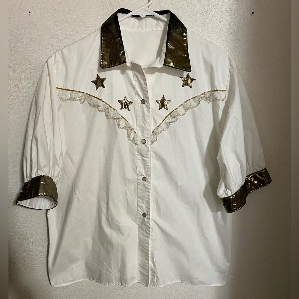NO BRAND Handmade‎ Western Pearl Snap Lace Button Down White Gold Women's Size L